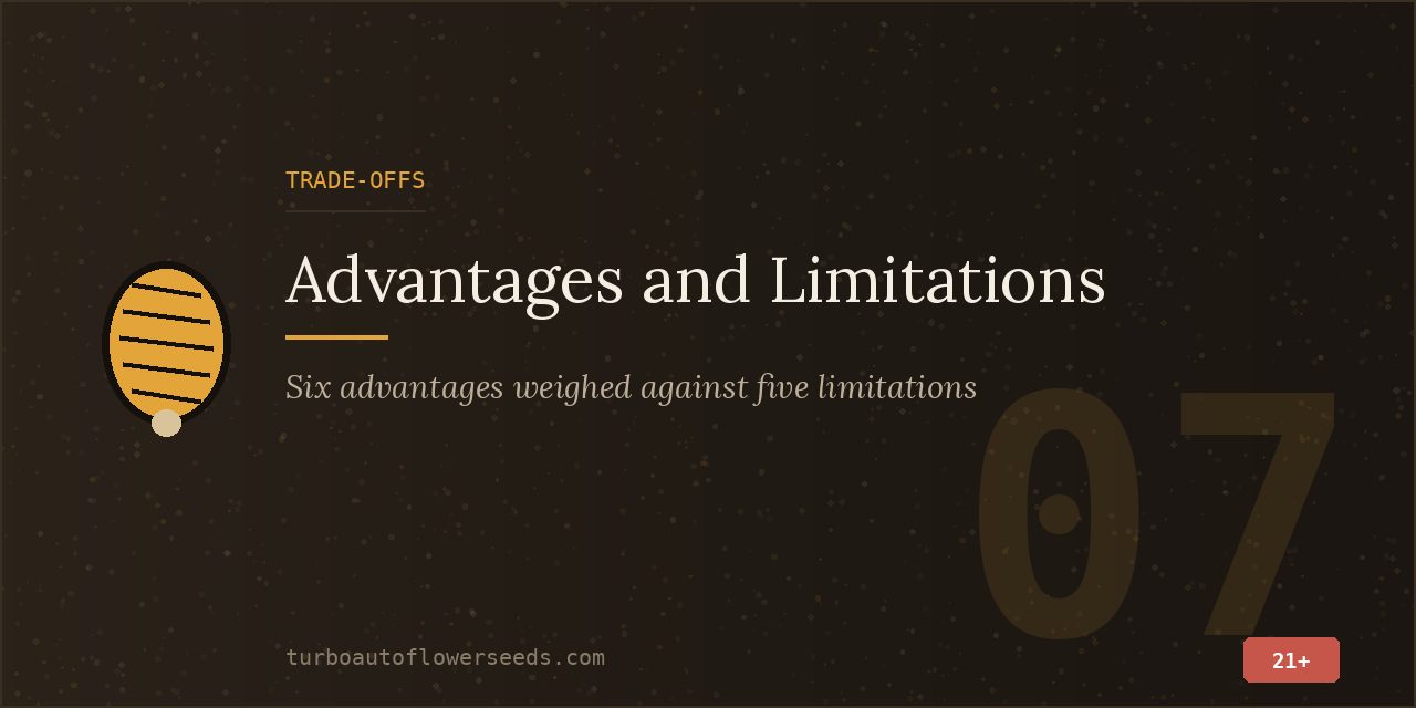 Trade-off title card weighing six advantages against five limitations of autoflower seeds
