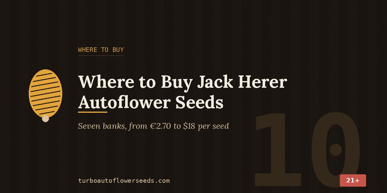 Where-to-buy title card listing seven seed banks selling Jack Herer at 2.70 euros to 18 dollars per seed