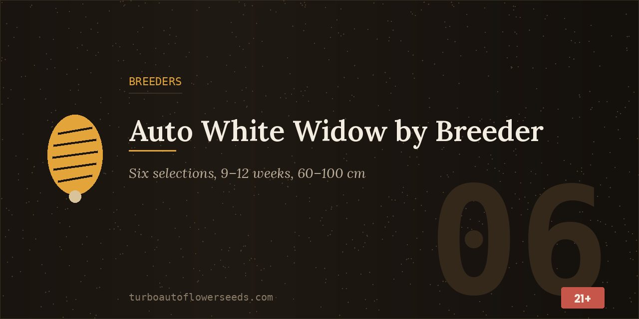 Breeder title card comparing six auto White Widow selections that finish in 9 to 12 weeks
