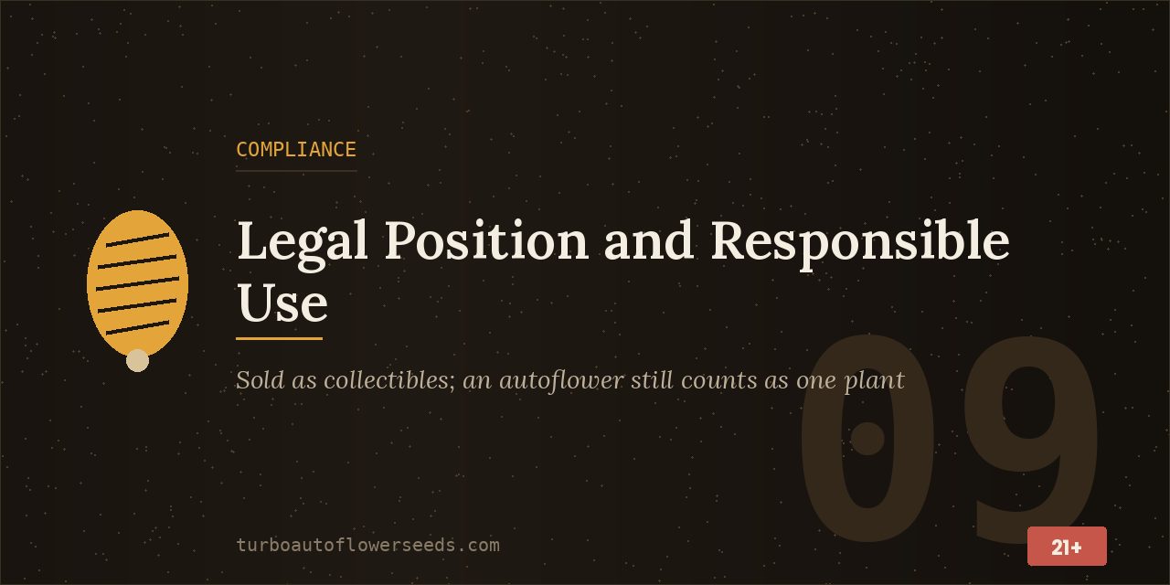 Compliance title card stating that seeds are sold as collectibles and that an autoflower still counts as one plant